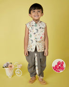 Joban Fashion Kids Island Cotton Sleeveless printed Kurta and Solid Dhoti - Cream | Grocsy