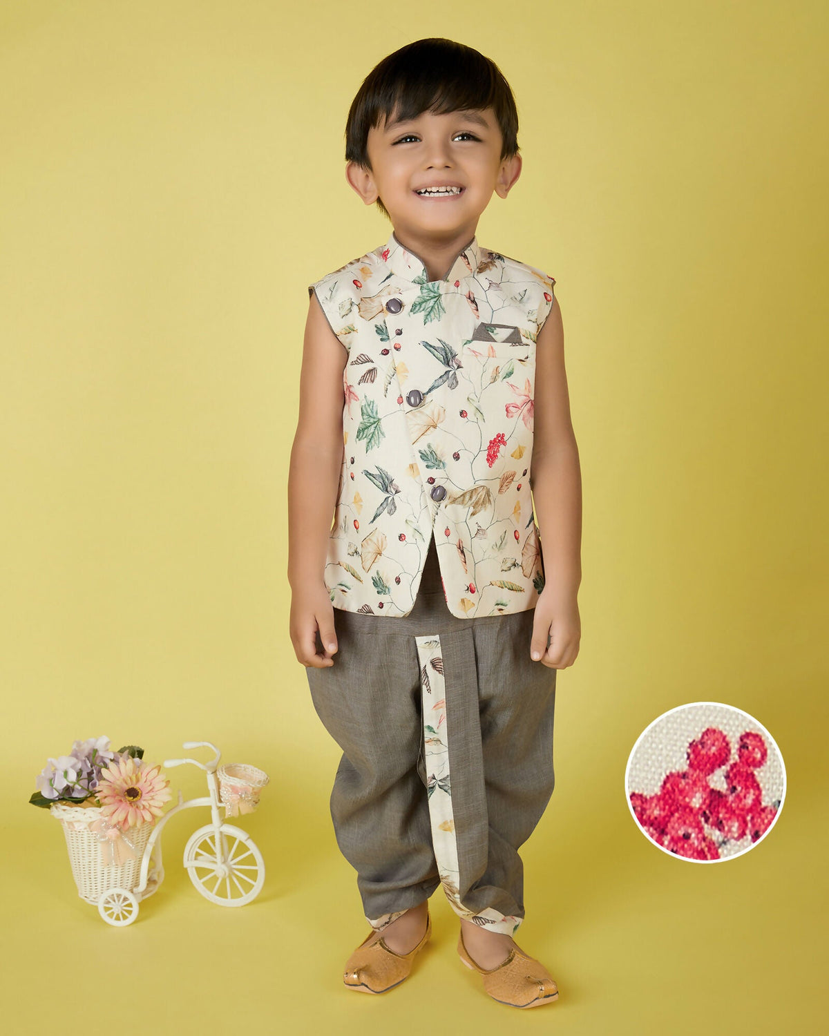 Joban Fashion Kids Island Cotton Sleeveless printed Kurta and Solid Dhoti - Cream | Grocsy