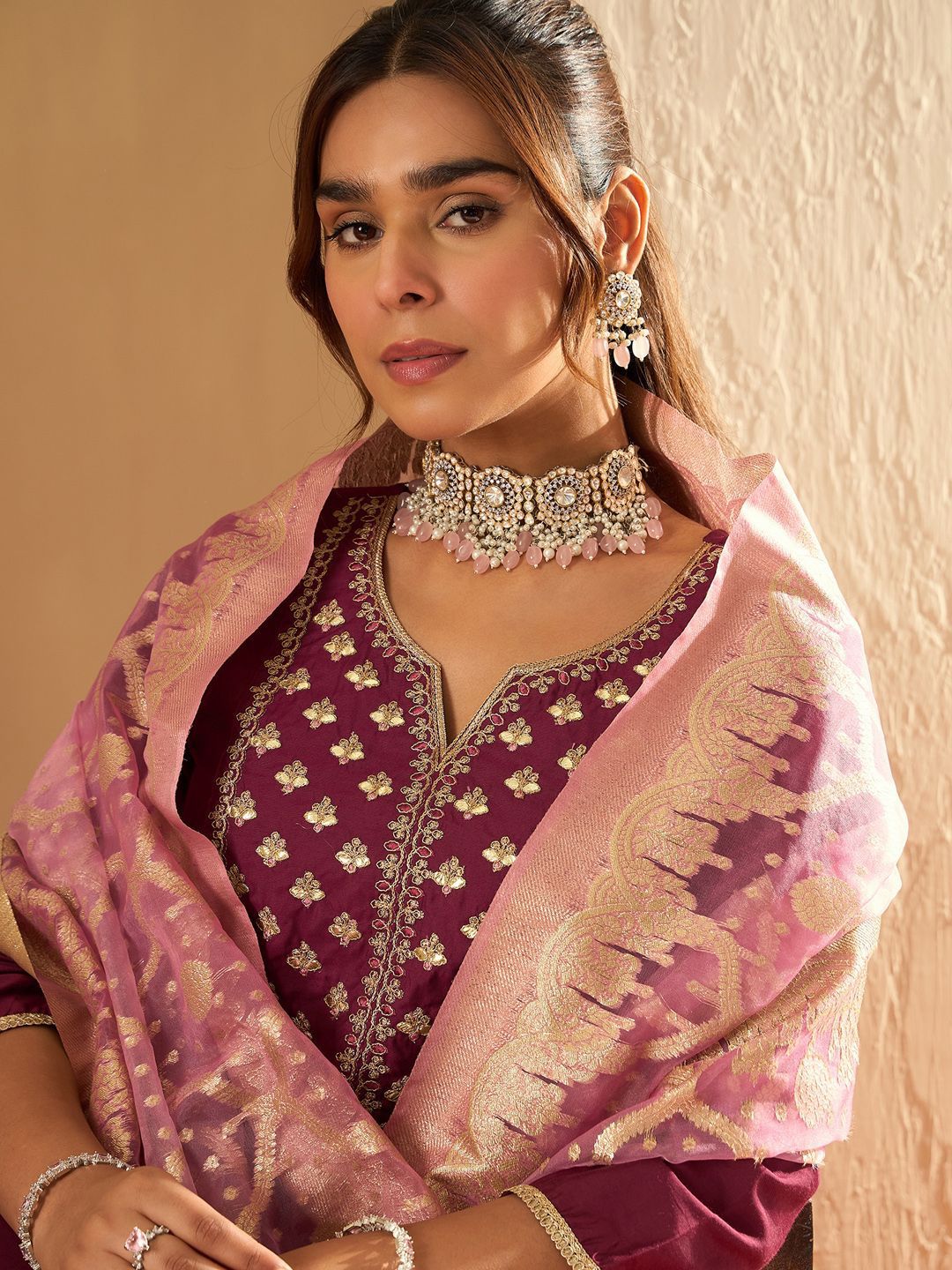 Indo Era Ethnic Motifs Yoke Design Straight Gotta Patti Liva Kurta with Trousers & Dupatta | Grocsy