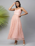 Ahalyaa Women Pink Net Gold Foil Print Dress | Grocsy
