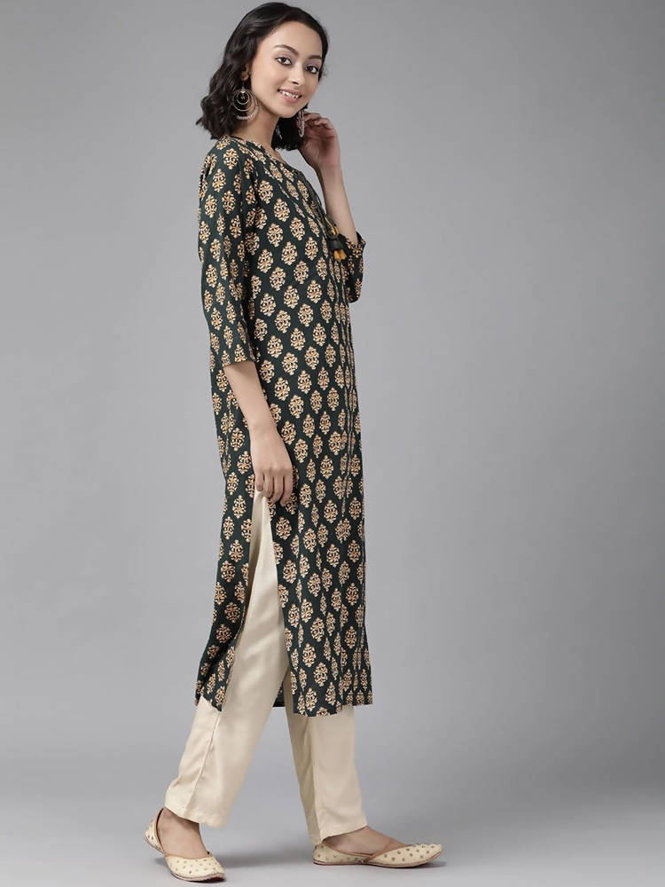 Yufta Women Teal Green & Mustard Yellow Ethnic Printed Pure Cotton Kurta with Palazzo | Grocsy