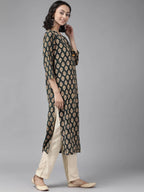 Yufta Women Teal Green & Mustard Yellow Ethnic Printed Pure Cotton Kurta with Palazzo | Grocsy