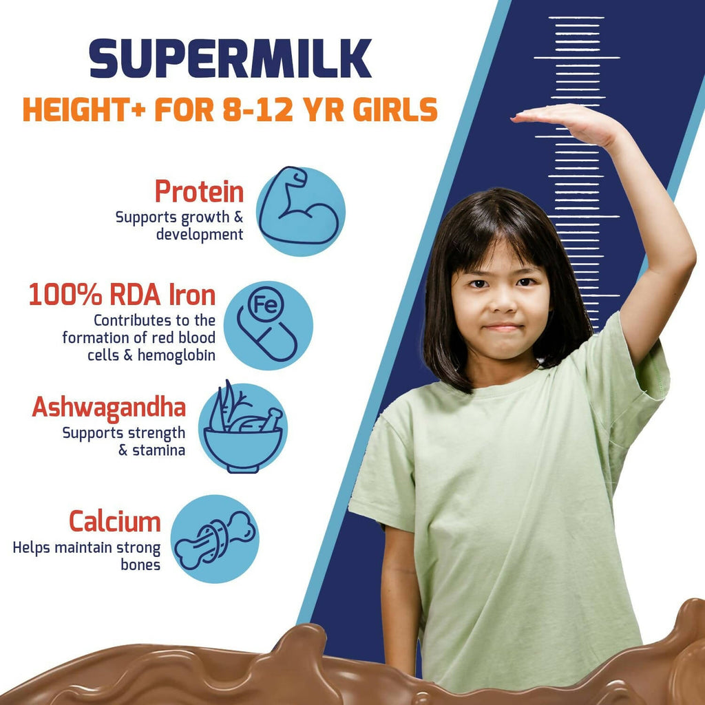 Gritzo SuperMilk Height+ Health Drink for 10-12y Girls - Double Chocolate Flavor | Grocsy