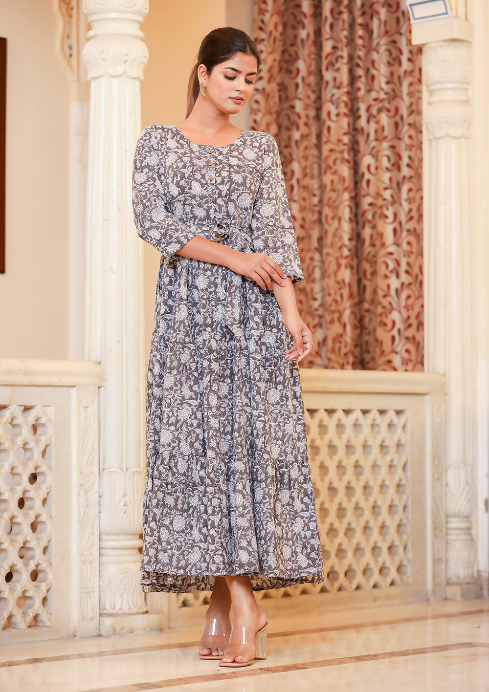 Kaajh Women's Grey Ethnic Floral Hand Block Print Cotton Dress | Grocsy