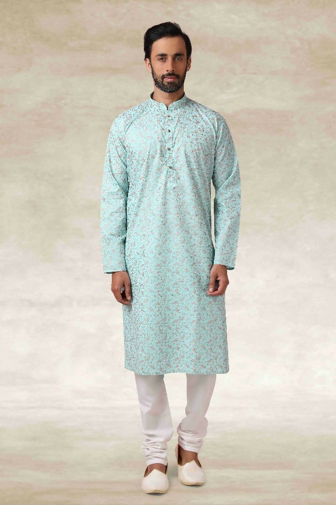 Raivat Ethnic Cotton Printed Work Kurta Pajama In Sea Green Colour | Grocsy
