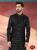 Joban Fashion Men's Black Base Straight Velvet Thread And Sequence Embroidary All Over Indo-Western Kurta Set | Grocsy
