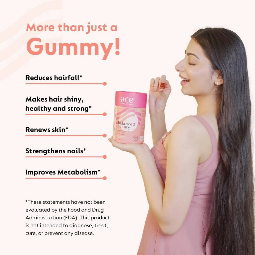Ace Nutrimony Biotin Balanced Beauty Hair Gummies for Skin and Nails with Clinically Proven Keranat, Biotin - Strawberry | Grocsy