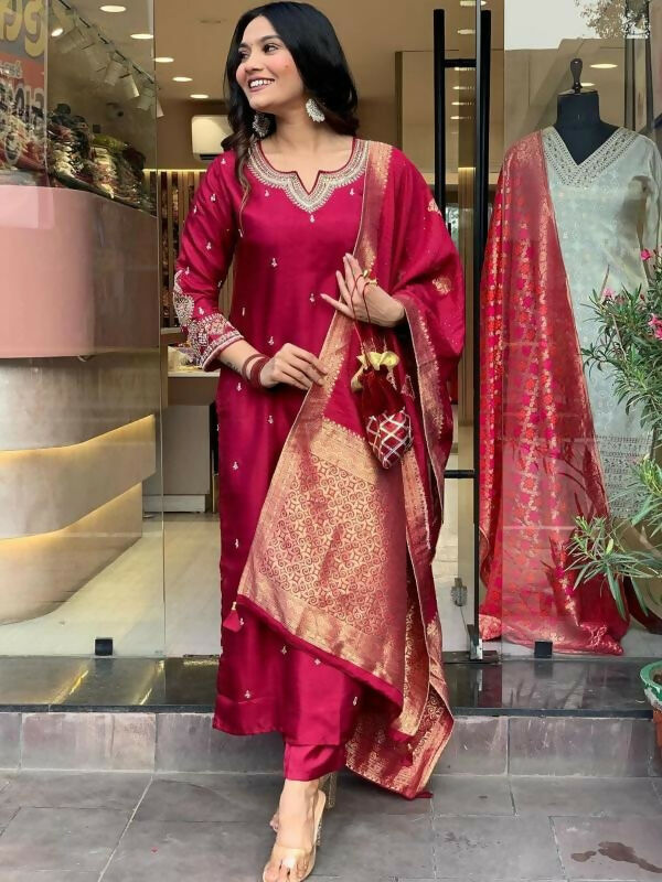 The52 Maroon Beautiful Embroidered Viscose Chanderi Fabric Straight Kurta Pant with Dupatta Set | Grocsy