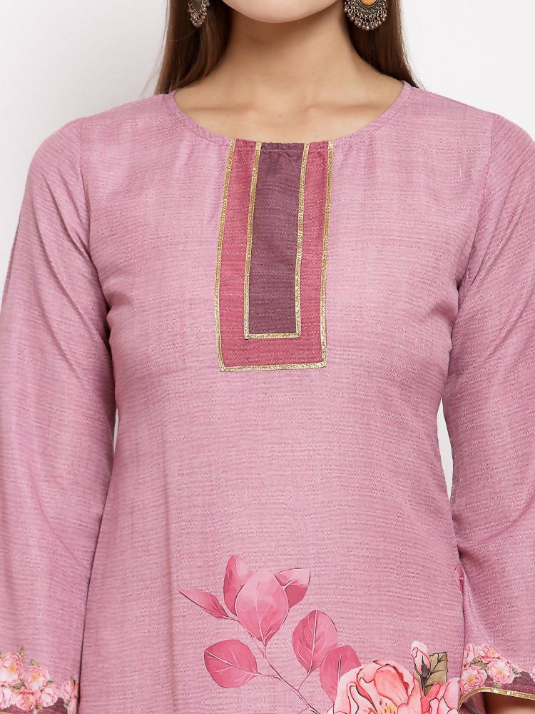 Myshka Women's Pink Cotton Printed Full Sleeve Round Neck Casual Kurta | Grocsy