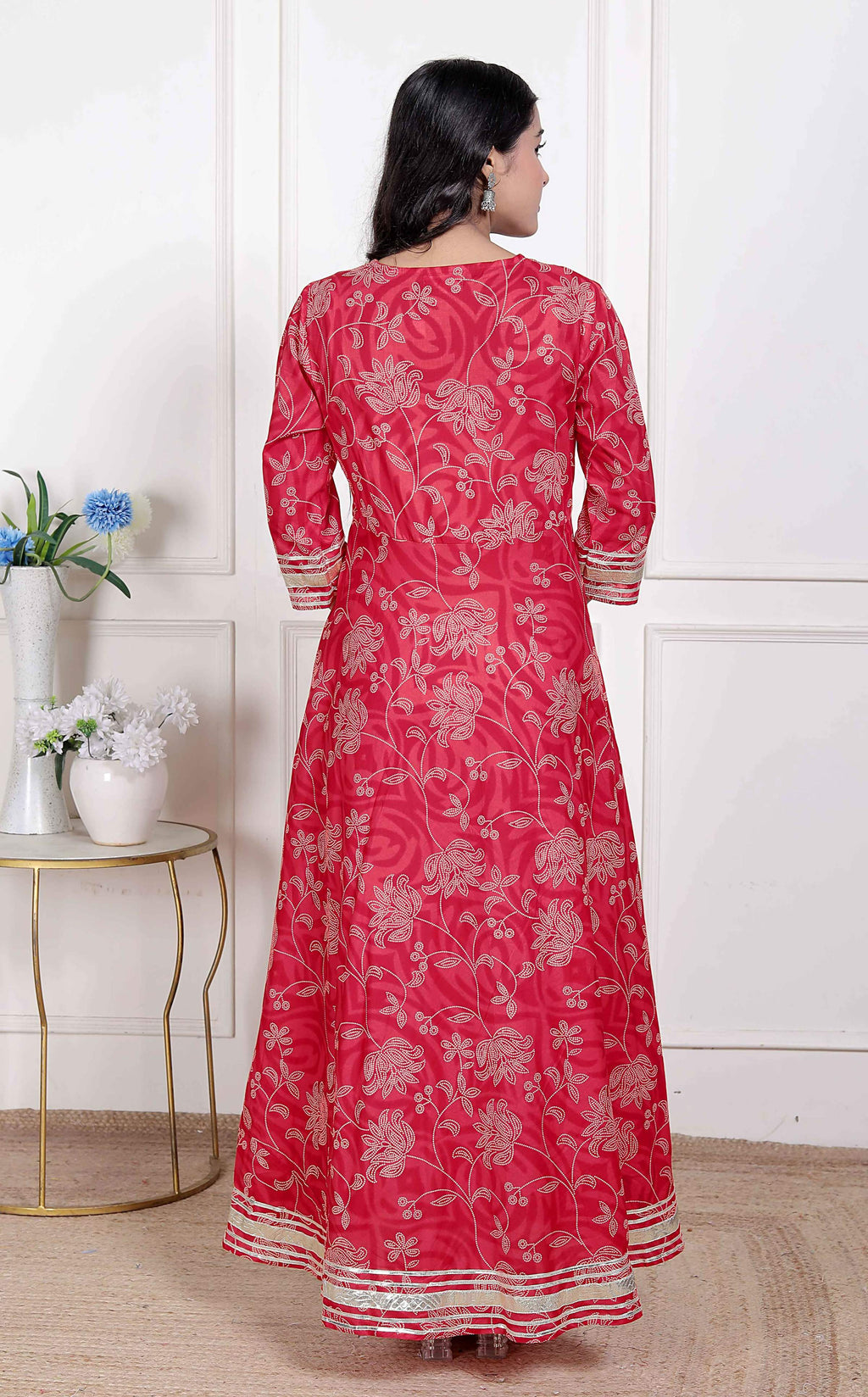 Miravan Women's Red Jaipuri Printed Cotton Ethnic Anarkali Kurta | Grocsy