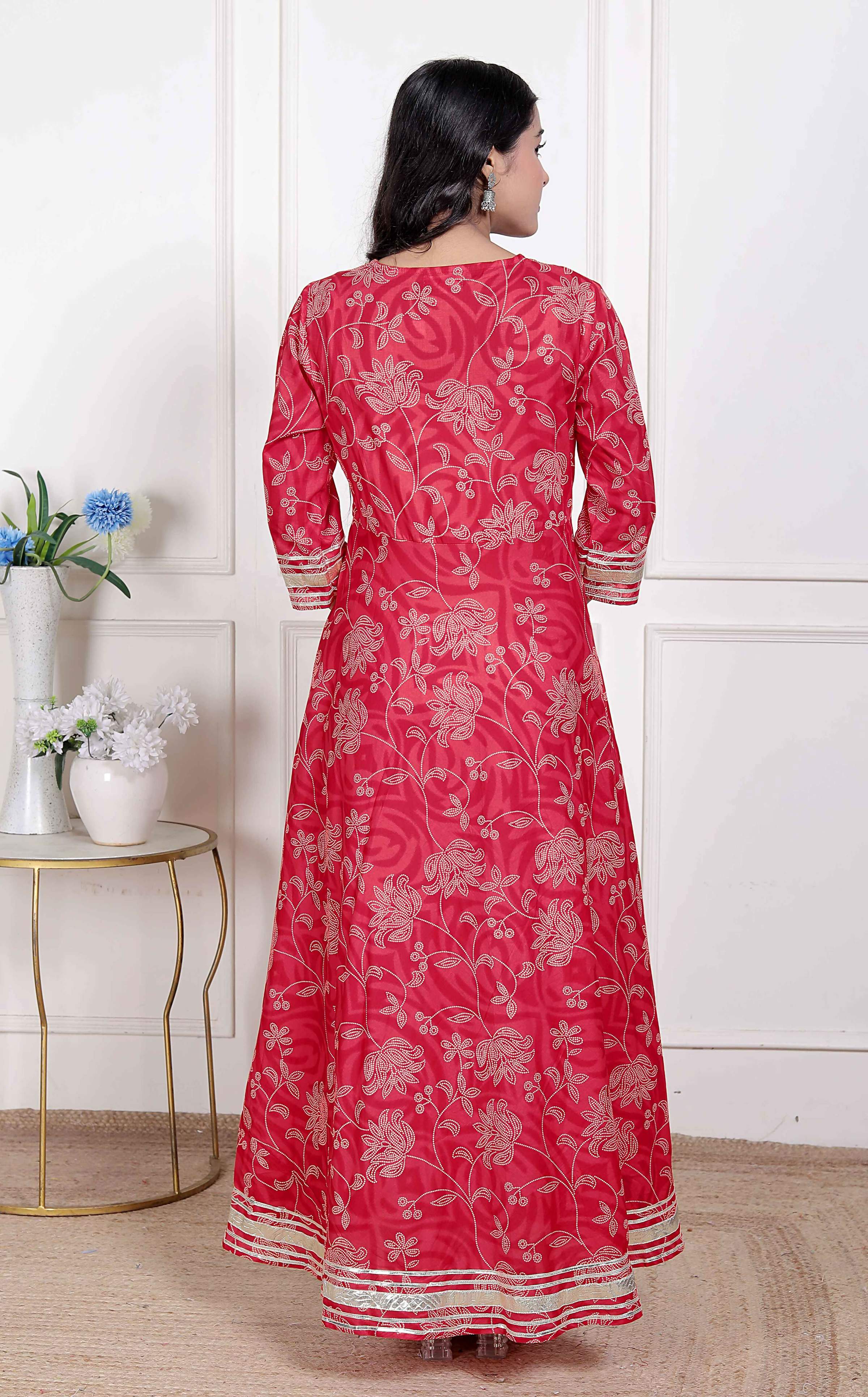 Miravan Women's Red Jaipuri Printed Cotton Ethnic Anarkali Kurta | Grocsy