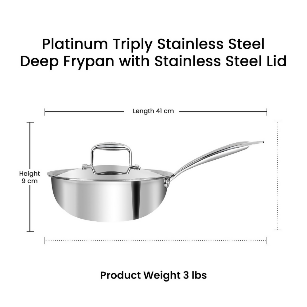 Vinod Platinum Triply Stainless Steel Deep Frying Pan with Lid | Grocsy