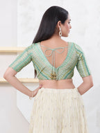 Joban Fashion Pista-Green Jacquard Elbow Sleeveless Back Open Blouse | Grocsy