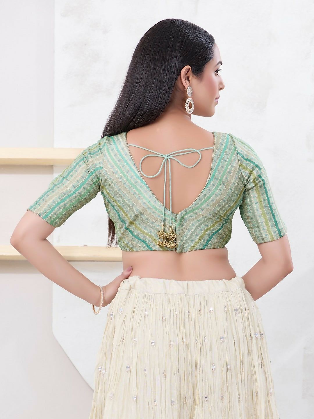 Joban Fashion Pista-Green Jacquard Elbow Sleeveless Back Open Blouse | Grocsy