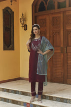 Wine Chinon Embroidered Kurta and Bottom with Dupatta - Akashara | Grocsy