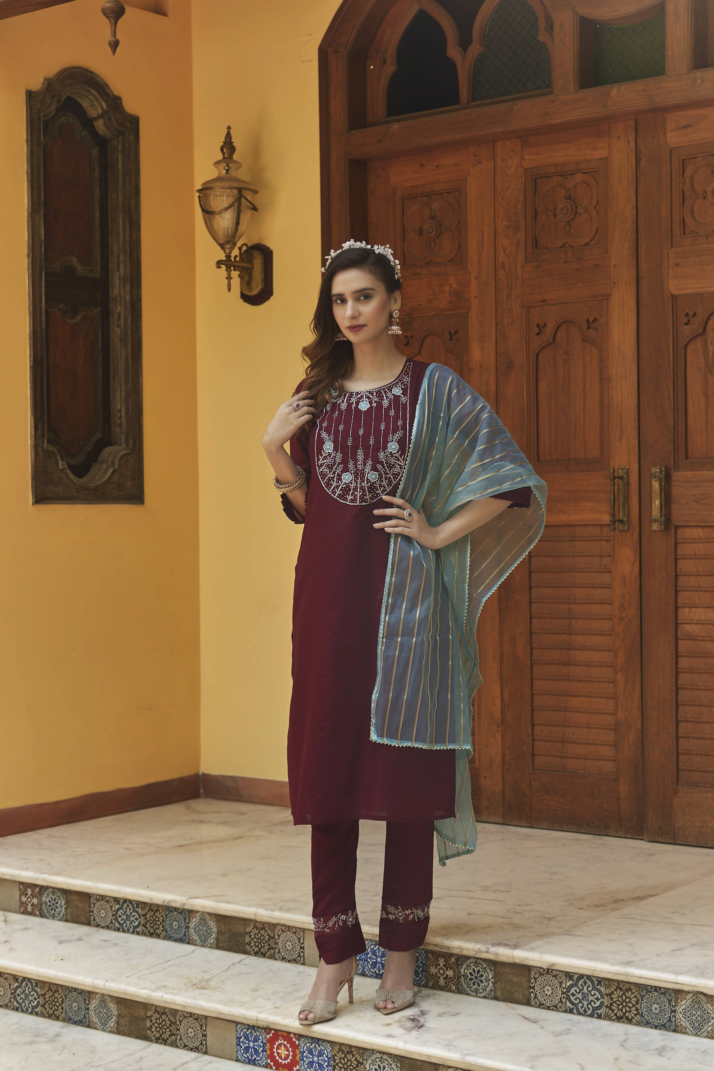 Wine Chinon Embroidered Kurta and Bottom with Dupatta - Akashara | Grocsy