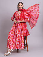 Joban Fashion Red Cotton Floral Printed & Embroidery Work Anarkali Dress With Dupatta Set | Grocsy