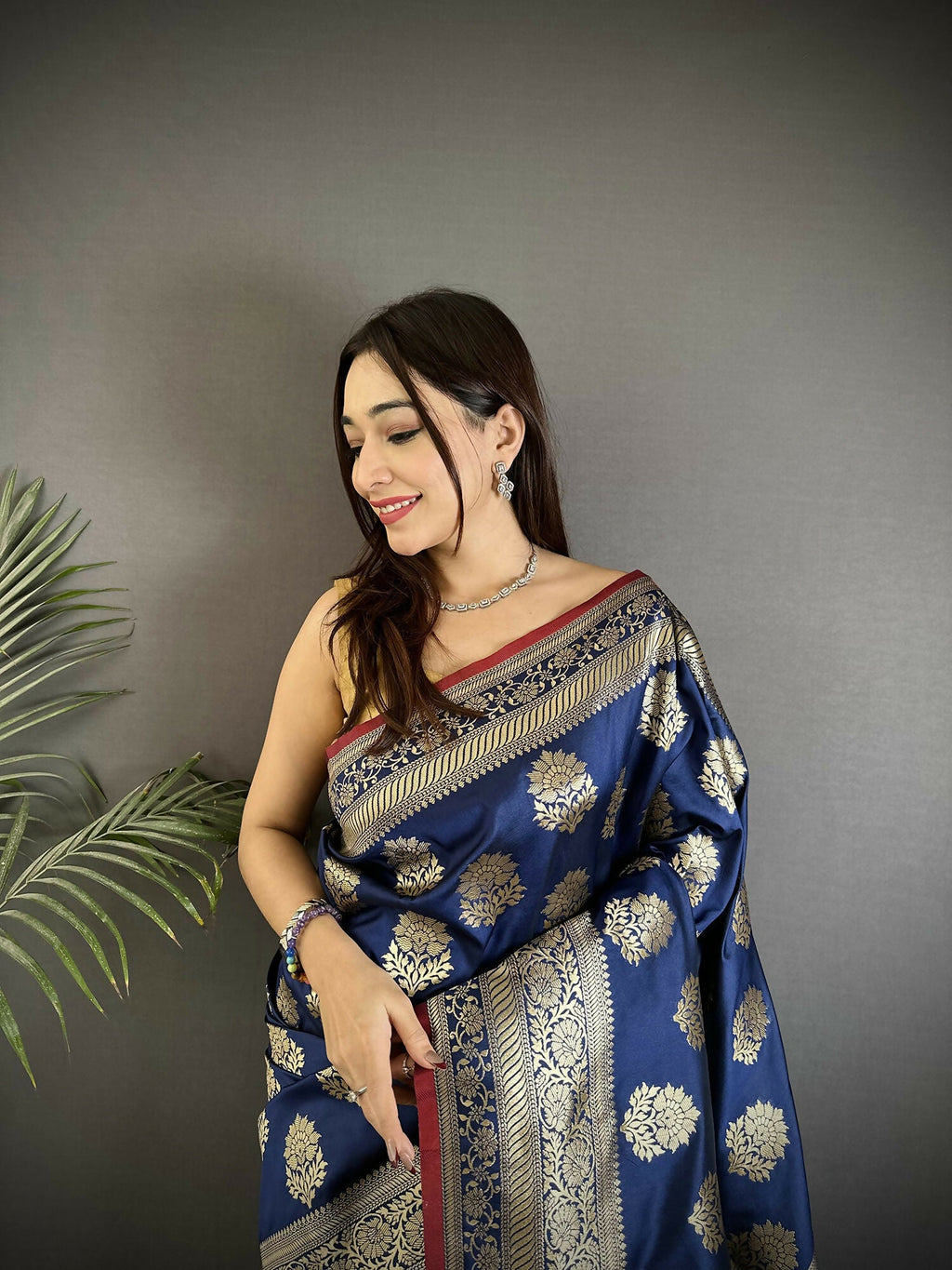 Joban Fashion Navy Blue Ethnic Floral Motifs Soft Lichi Silk Banarasi Saree | Grocsy