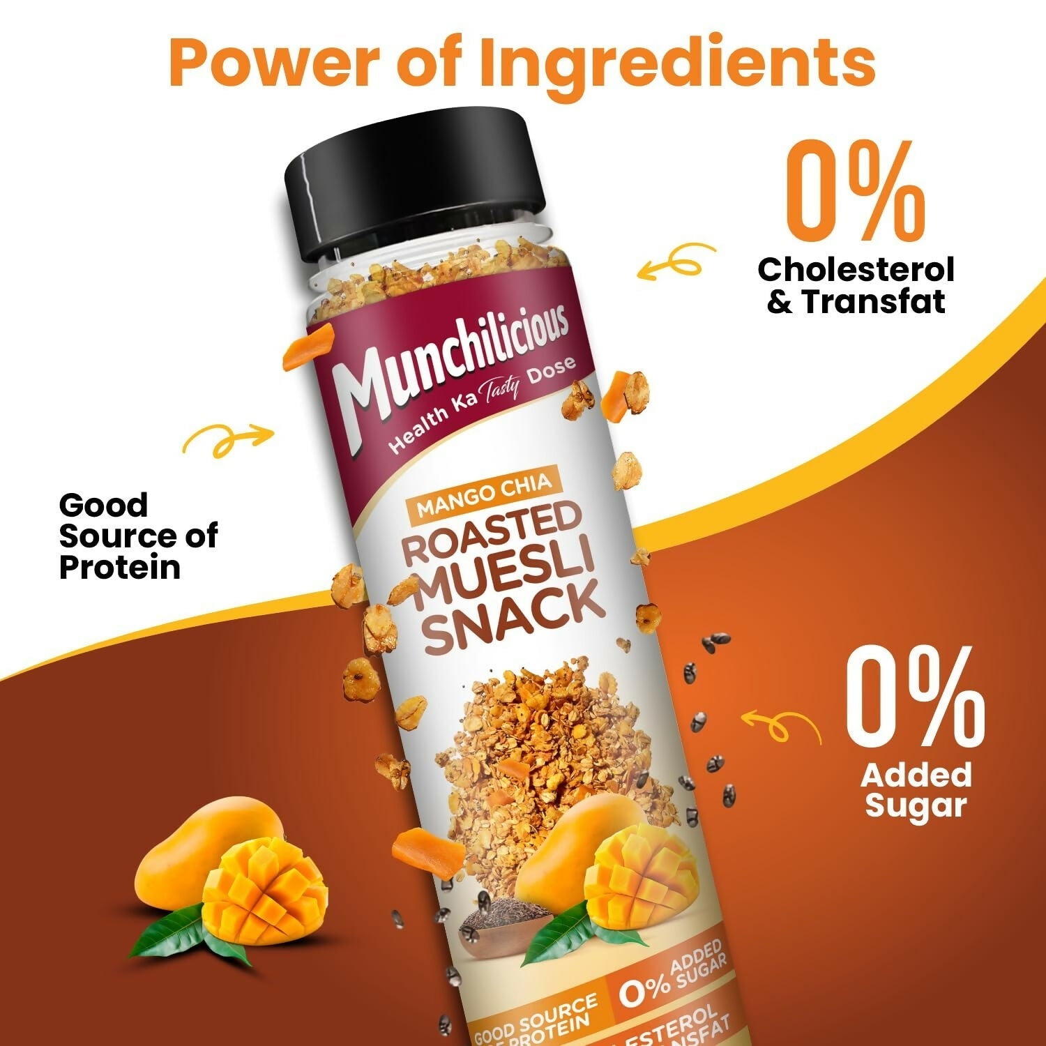 Munchilicious Muesli – Mango Chia Rolled Oats, Dried Mango, Chia Seeds & Jowar Flakes | Grocsy
