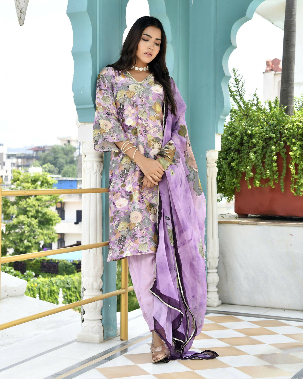 Vaasva Women's Purple Tissue Gota Embroidered Suit Set With Solid Pant And Embroidered Dupatta | Grocsy