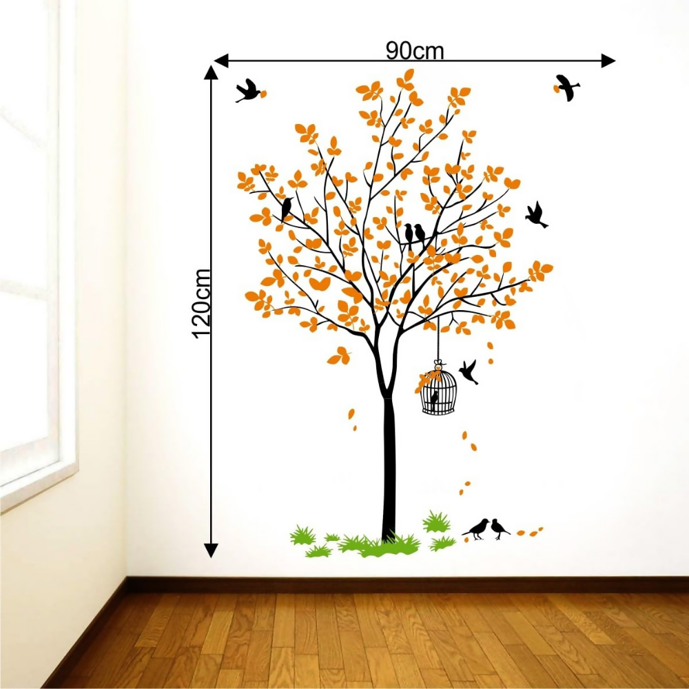 Decal O Decal Vinyl Orange Tree with Birds Cage and Nest Self Adhesive Wall Sticker | Grocsy