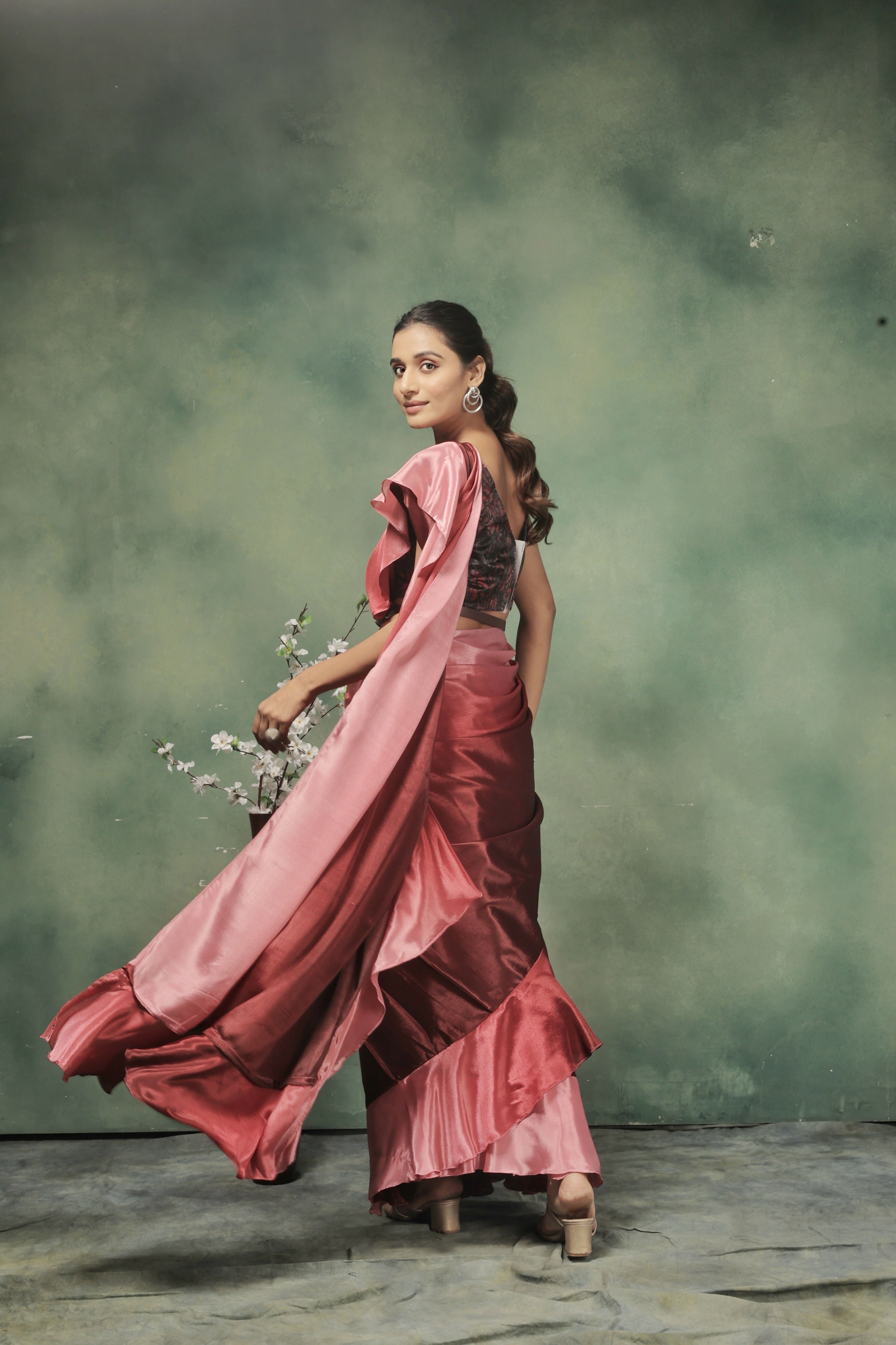 Pink Satin Solid Designer, Printed Party Wear Ready To Wear Saree - Nasreen | Grocsy