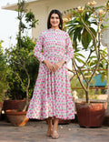 Kaajh Women's Pink Floral Print Cotton Handblock Dress | Grocsy