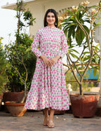 Kaajh Women's Pink Floral Print Cotton Handblock Dress | Grocsy