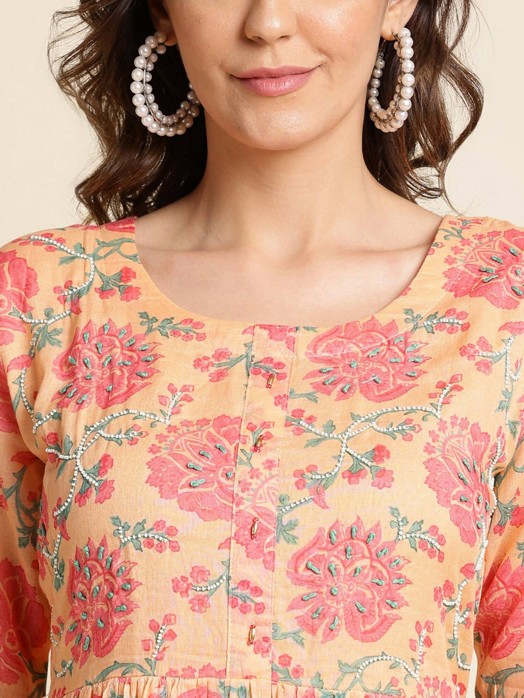 Peach Cotton Floral Printed Fit & Flare Dress - Yukti | Grocsy