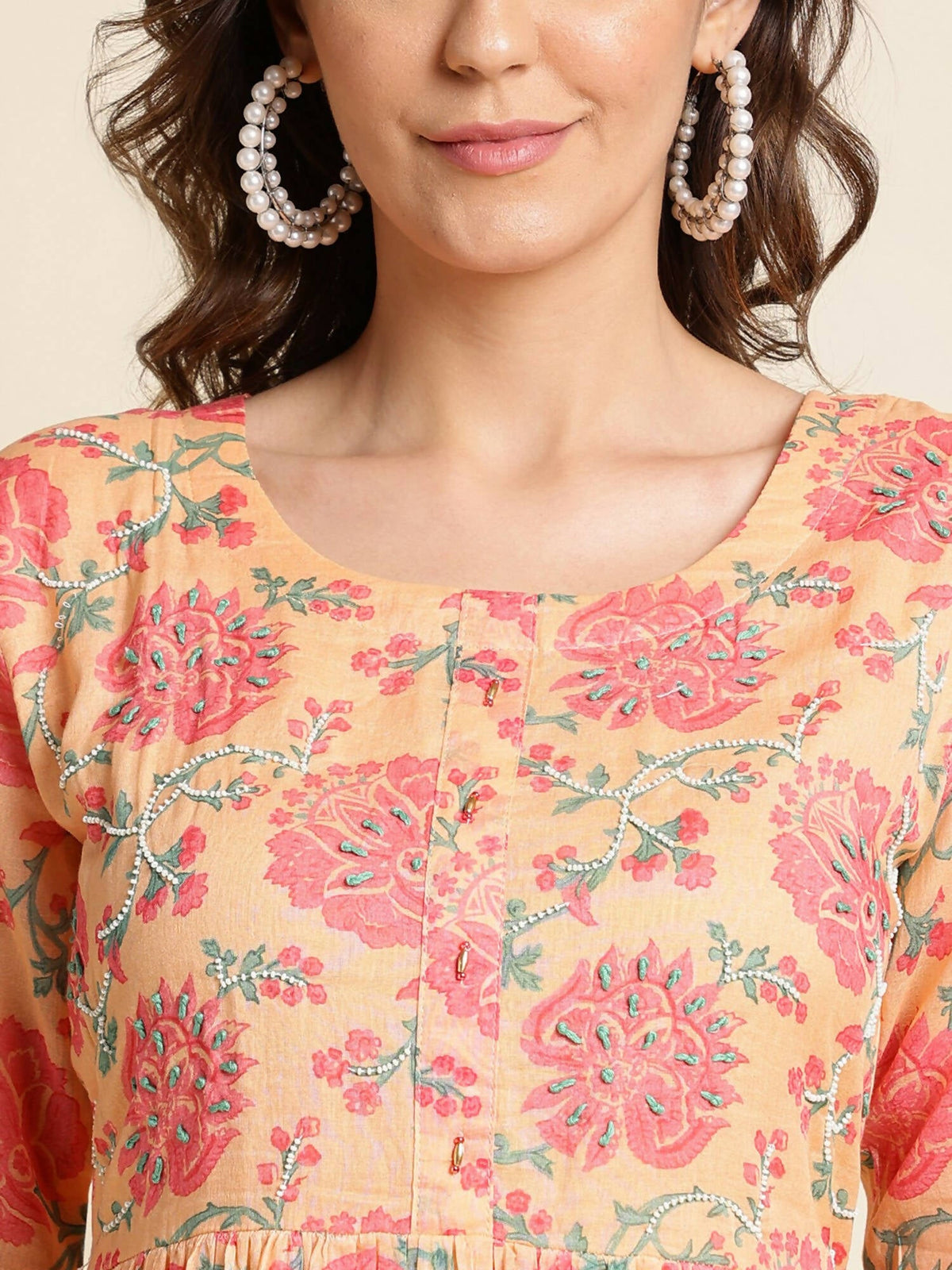 Peach Cotton Floral Printed Fit & Flare Dress - Yukti | Grocsy