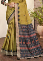 Olive Green Bhagalpuri Silk Paisley Print with Hand Mirror work Border Saree - Norita Nirvi | Grocsy