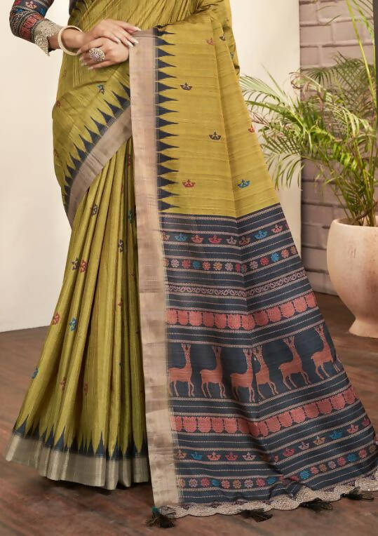 Olive Green Bhagalpuri Silk Paisley Print with Hand Mirror work Border Saree - Norita Nirvi | Grocsy