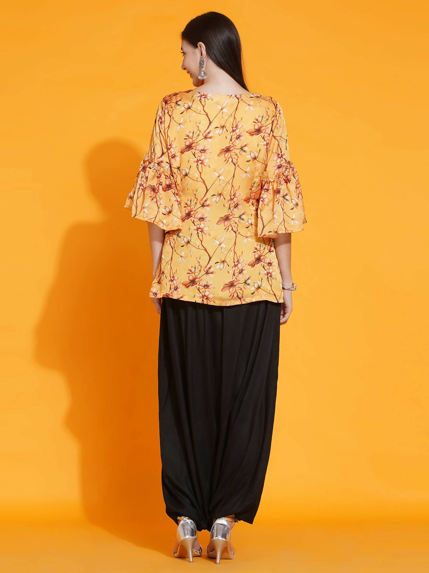 Women Republic Yellow Printed Satin Georgette Shirt With Bell Sleeves And Dhoti | Grocsy