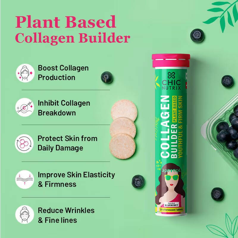 Chicnutrix Plant Based Collagen Builder Tablets for Youthful & Firm Skin -Blueberry Flavor | Grocsy