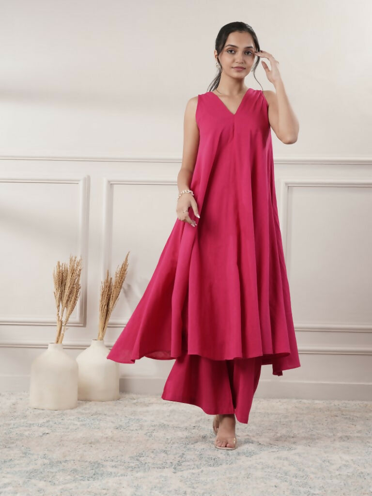 Joban Fashion Women's Fuchsia Cotton A-Line Midi Dress With Pants | Grocsy