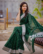 DEIANA'S Beautiful Designer Golden zari Soft Lichi Silk Saree - Green | Grocsy