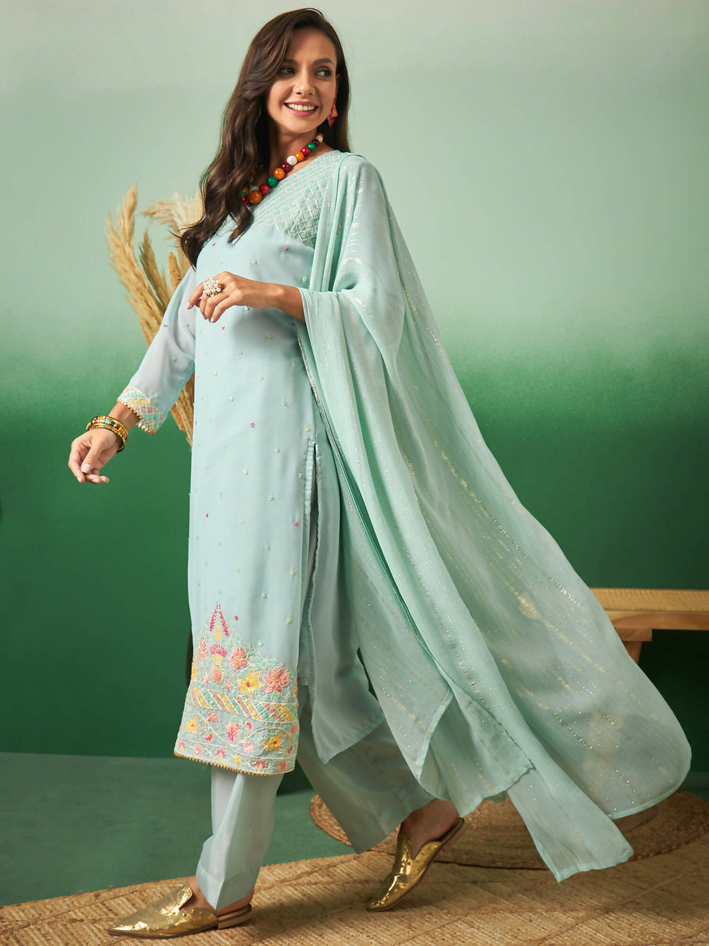 Sky Blue Georgette Handwork Unstitched Dress Material - Hanika | Grocsy