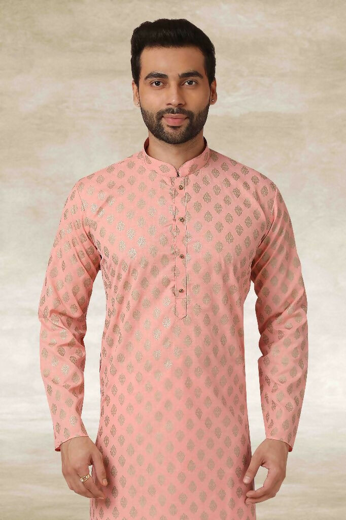 Raivat Ethnic Cotton Printed Work Kurta Pajama In Peach Colour | Grocsy