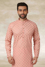 Raivat Ethnic Cotton Printed Work Kurta Pajama In Peach Colour | Grocsy