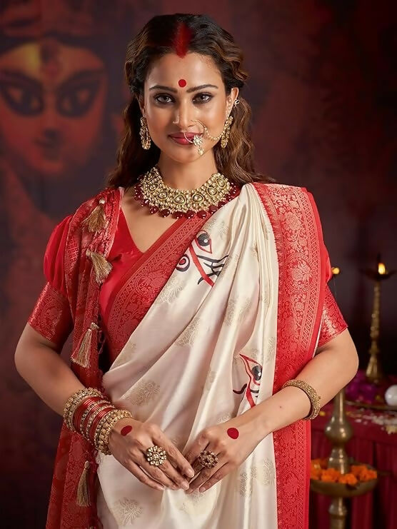 Joban Fashion Satin Silk Off White Floral Printed Saree | Grocsy