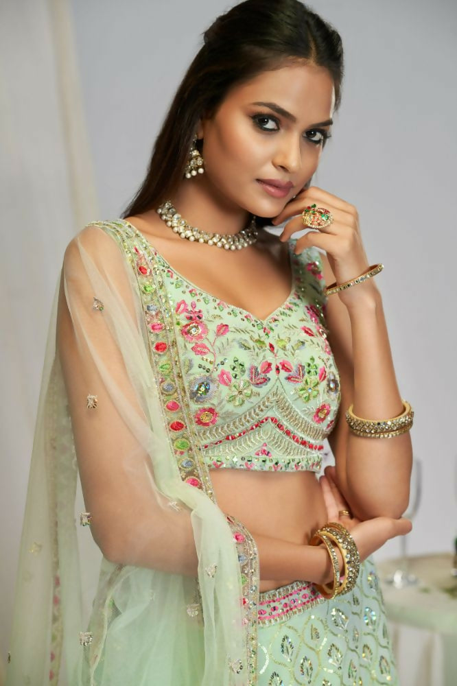 Pastel Green Georgette Thread Embroidery Work Lehenga Choli For Women - Jihu Culture | Grocsy
