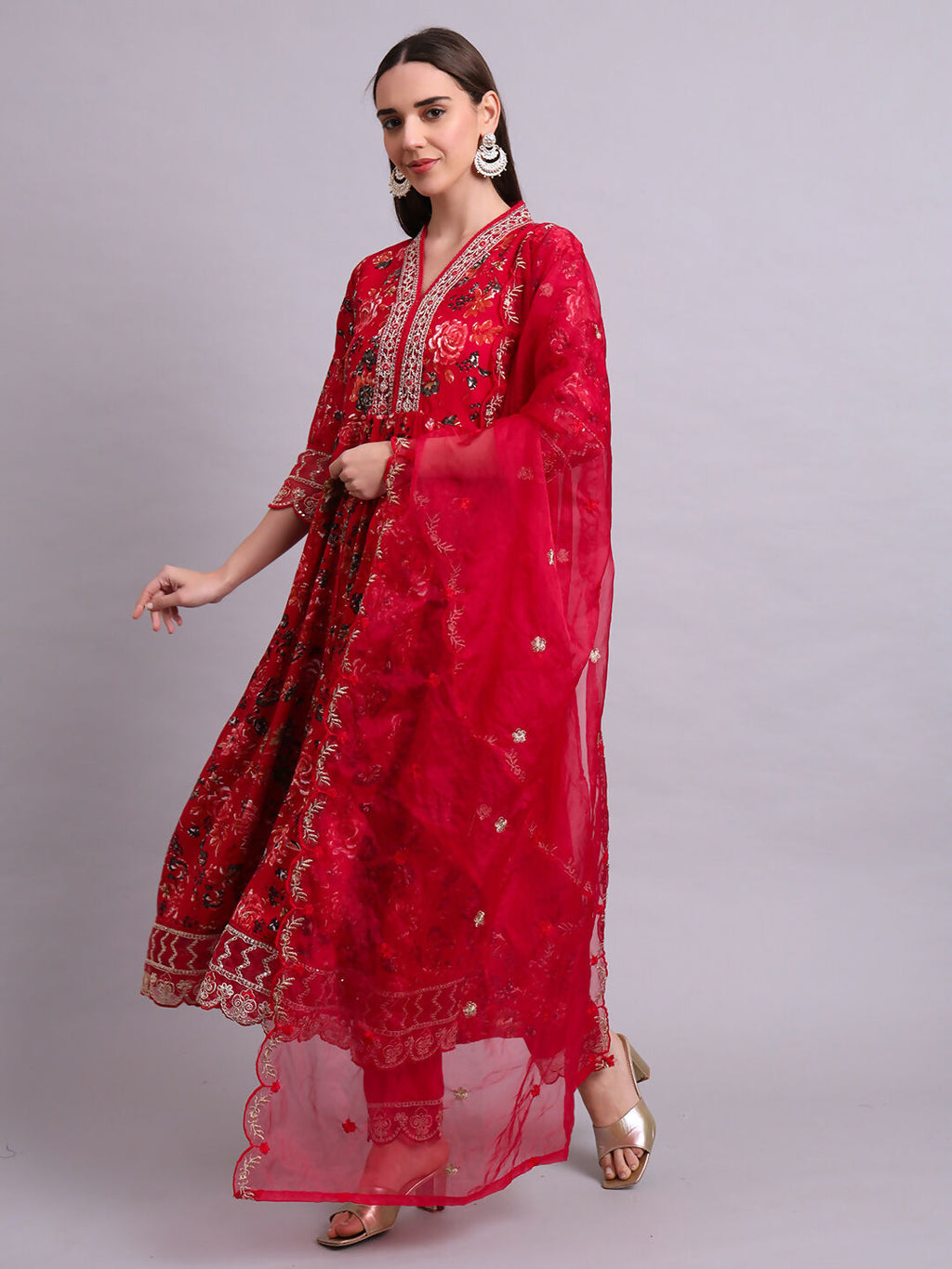Joban Fashion Mahroon Cotton Floral Printed & Embroidery Work Anarkali Kurta With Trousers & Dupatta Set | Grocsy