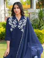 Nikhaar Navy Blue Embroidered Viscose Georgette Stitched Straight Cut Kurta Culottes Dupatta Readymade Suit | Grocsy