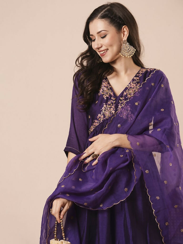 Purple Vichitra Silk Embroidery Work Kurta Set - Riya | Grocsy