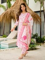 The52 Pink Women's Beautiful Printed Silk Blend Fabric with Straight Kurta, Pant and Dupatta Set | Grocsy