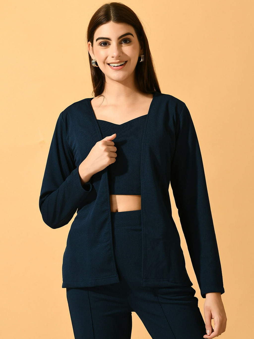 Myshka Women's Navy Blue Solid Solid Jacket | Grocsy