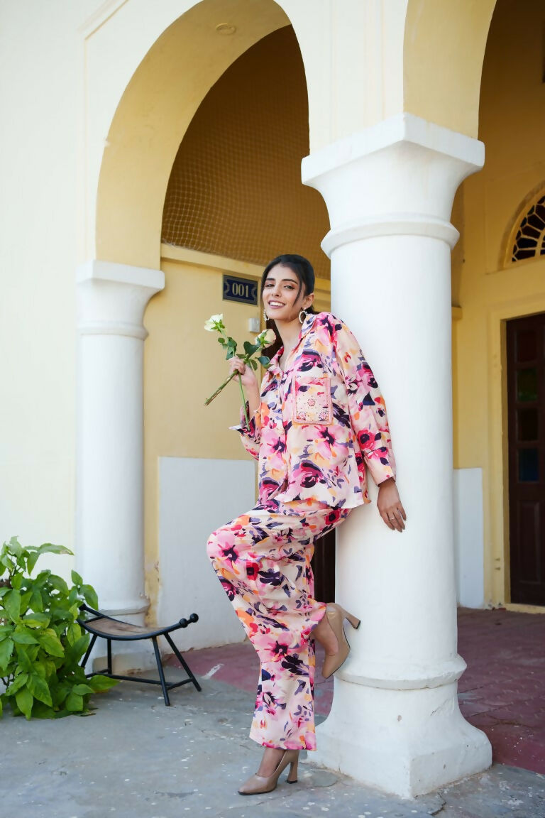 Vaasva Women Peach Muslin Floral Shirt & Pant Set | Grocsy