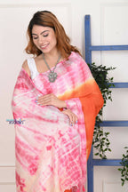 Very Much Indian Handmade Tie And Dye Cotton Saree By Women Weavers - Orange Pink | Grocsy
