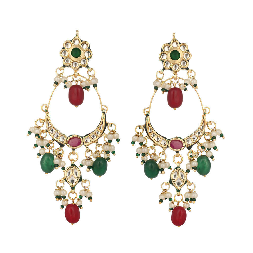 Nuyug 22K Gold Plated Crescent Kundan Drop Green Stone Chandbali Earrings | Grocsy