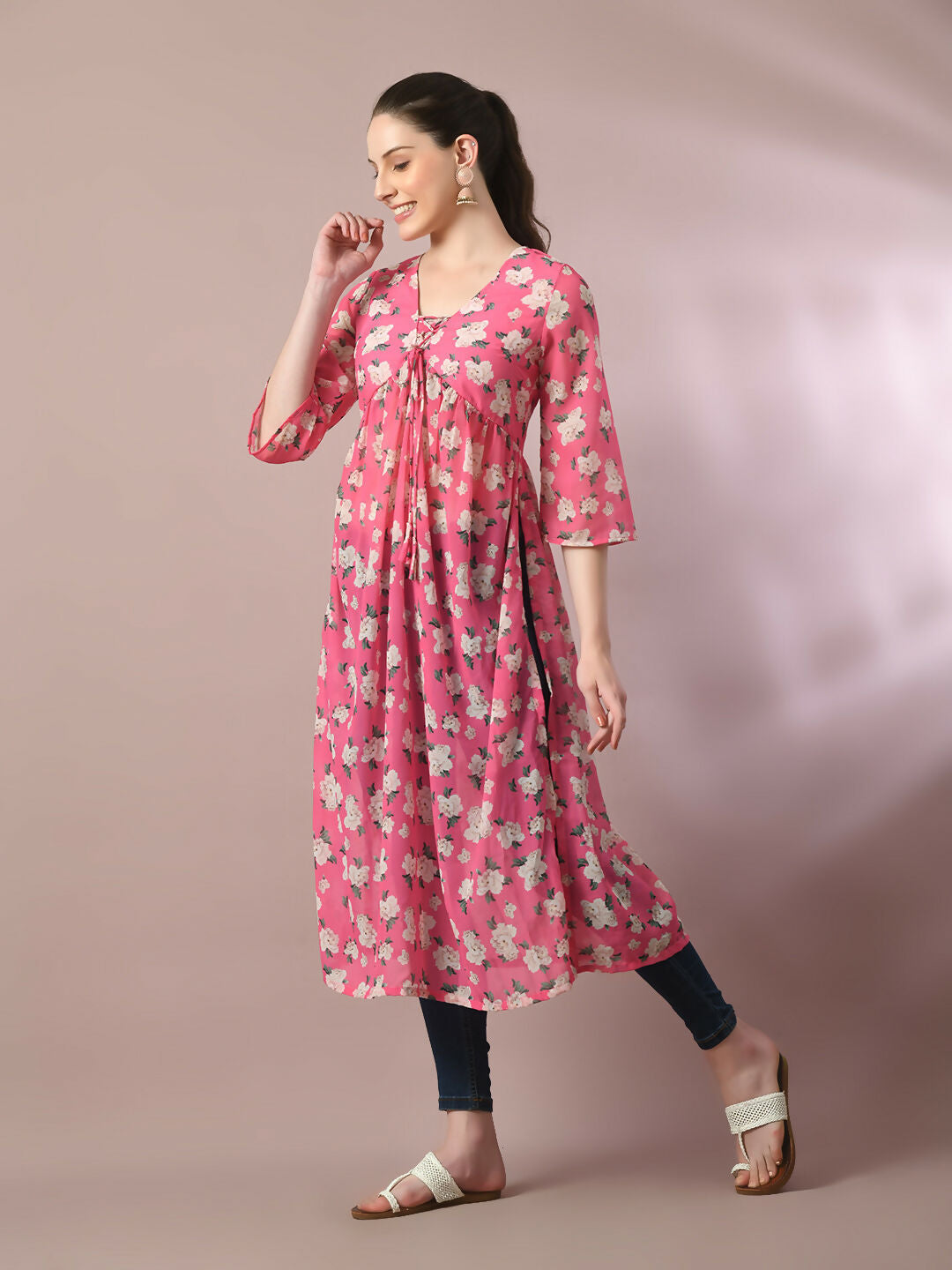 Myshka Women's Pink Printed Georgette A-Line Nyra-cut Kurta | Grocsy